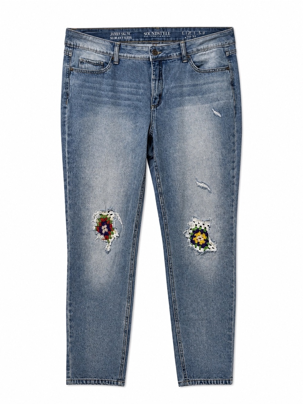 Soundstyle Women's Light Blue Boyfriend Jeans with Crochet Patch